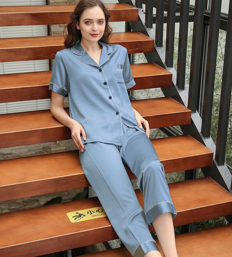 Girls' Imitation Silk Pajama Set - Short Sleeve Top & Long Pants, Lapel Design, Spring/Summer Homewear