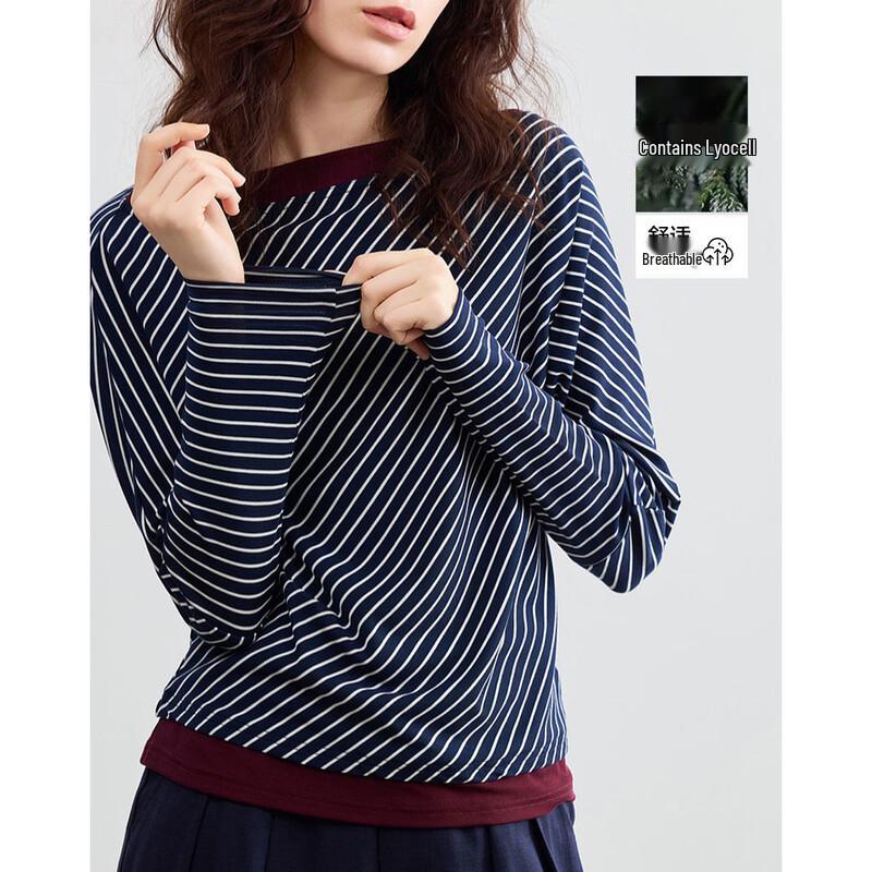 Demana Asymmetric Collar Color-Block Stripe T-Shirt M