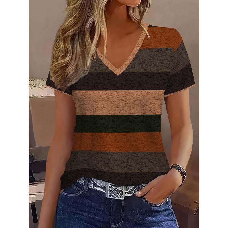 Contrast Striped Color Block Splicing Full Print Breathable V-neck Short Sleeved T-shirt XL