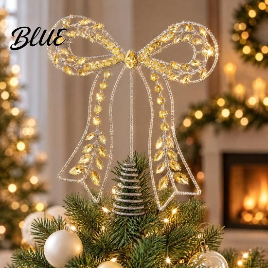 Light Luxury Holiday Rhinestone Hollow-Cut Christmas Tree Iron Bow Party Decor Topper Gold Metal Modern