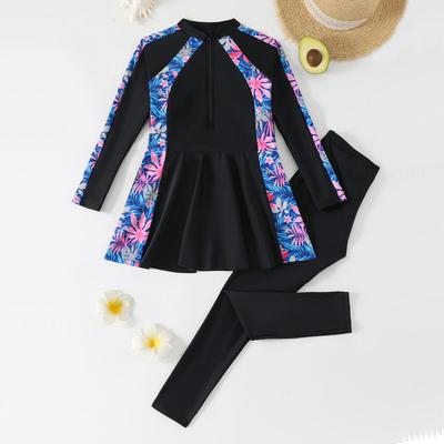 2026 Girls' Conservative Two-Piece Swimsuit Set – Zipper Long Sleeve Top and Long Pants