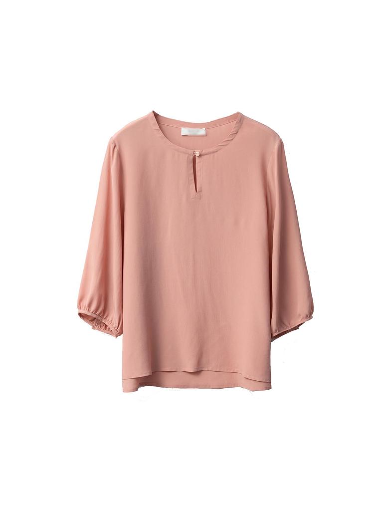 Women's Solid Color 100% Mulberry Silk Double Georgette Lantern Sleeve Top with Round Neck and Side Slits.