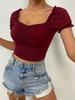 Summer Women's Square Neck T-shirt Fashion Slim Short-sleeved Short Tops Pleated Design Pure Color T-Shirt