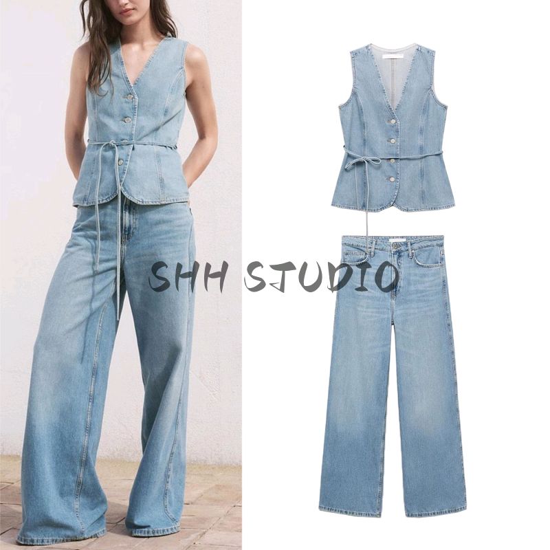 V Neck Sleeveless Waist Denim Vest 17071272 High Waist Loose Wide Legs Length Denim 17091272