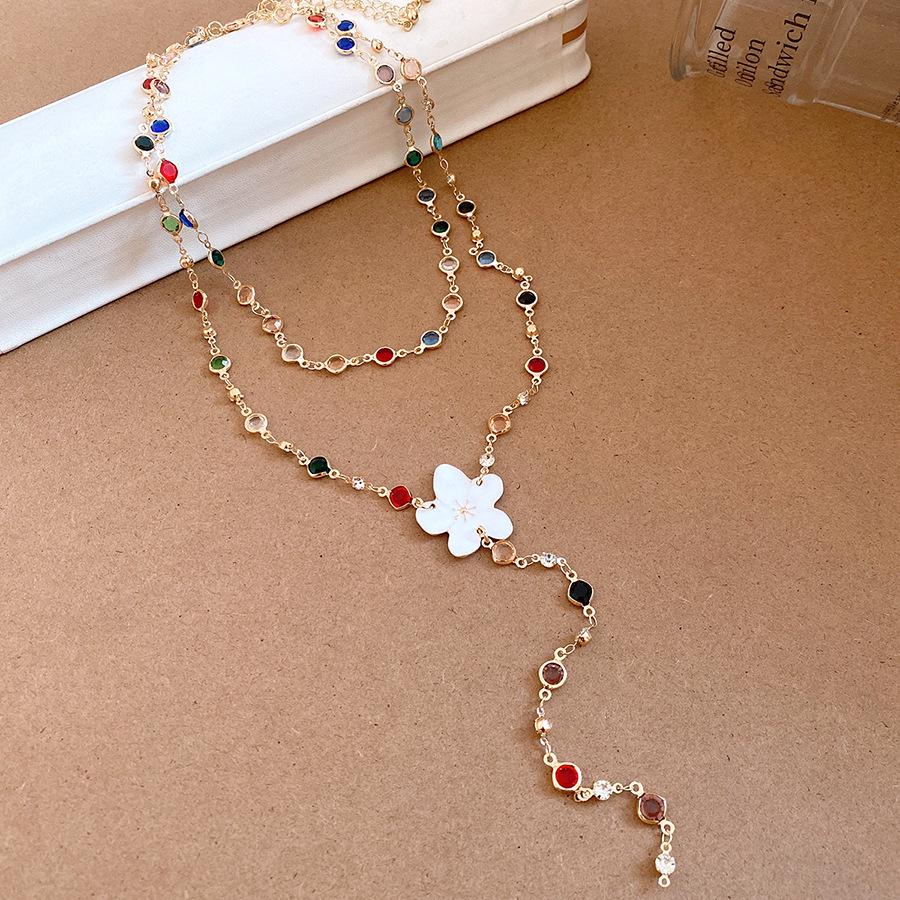Versatile Floral Rhinestone Enamel Bracelet and Multi-Layer Necklace Set