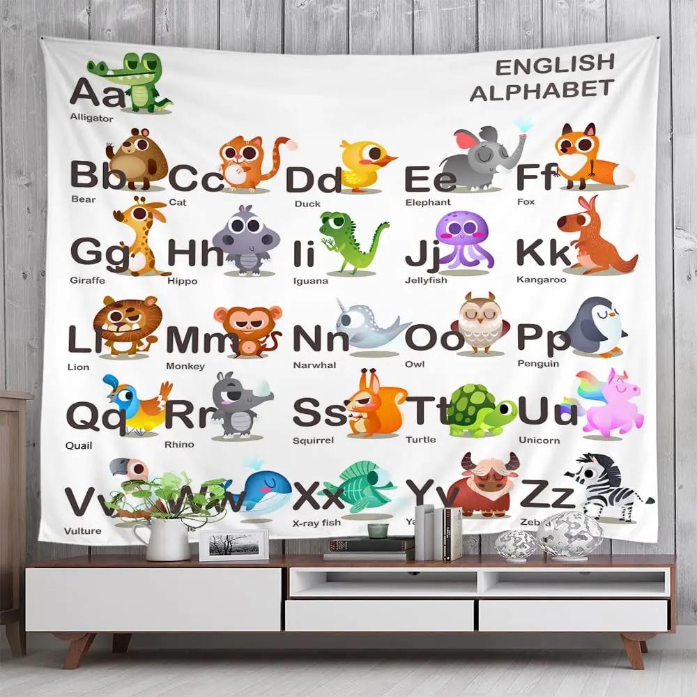Alphabet Poster Tapestry for Boys Girls Bedroom ABC Learning for Toddlers Cute Dinosaur Art Educational Tapestries Wall Hanging