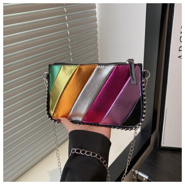 

Rainbow Striped Women s Bag Fashionable and Lightweight Clutch Bag Chain Single-shoulder Crossbody Bag Mobile Phone Bag