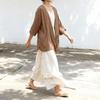 Johnature Women Vintage Shirts Spring Chinese Style Tops Solid Color Tops Belt V-Neck Long Sleeve Soft Blouses