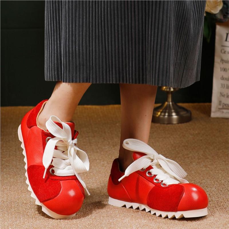 Johnature Genuine Leather Women's Shoes Casual Sports Lace-up Round Toe Versatile Flat Shoes