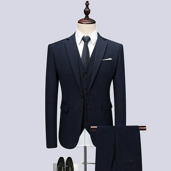 Men's Year-Round Solid Color Business Casual Two-Button Suit Three-Piece Set, Plus Size Options Available