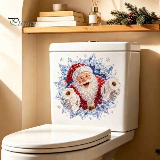 Cartoon Xmas Toilet Seat Cover Stickers Christmas Stickers, Self?Adhesive Waterproof PVC Wall Decals, 3D Colorful Reindeer Santa Tank Lid Decor for