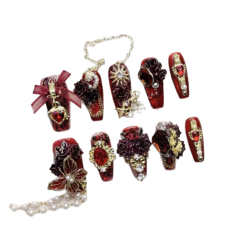 Dark Red Tassel 3D Butterfly High-End Handmade Wearable Nail Art
