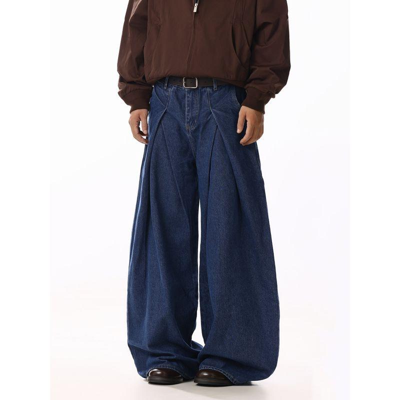 American Retro Pleated Design Dark Blue Jeans for Men and Women, Loose and Versatile, High-End Casual Straight-Leg Wide-Leg Pants