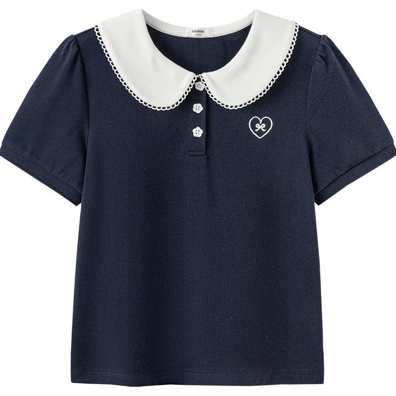 Balabala Girls' 2026 Summer Doll Collar Short Sleeve T-Shirt
