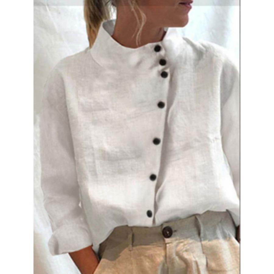 Womens Casual Blouse Spring Side Button Cotton Blouse Solid Color Long Sleeve Linen Tops Casual Ladies Breathable Shirt