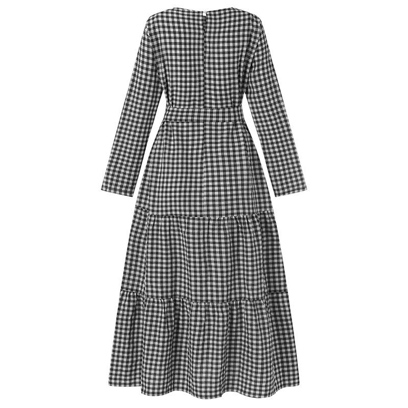 Plaid Round Neck Full Sleeve Loose Dress with Belt