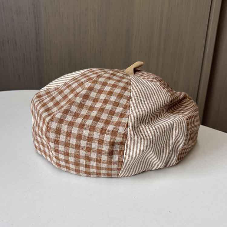 New spring and autumn versatile beret women's retro plaid splicing pumpkin hat showing face small painter hat