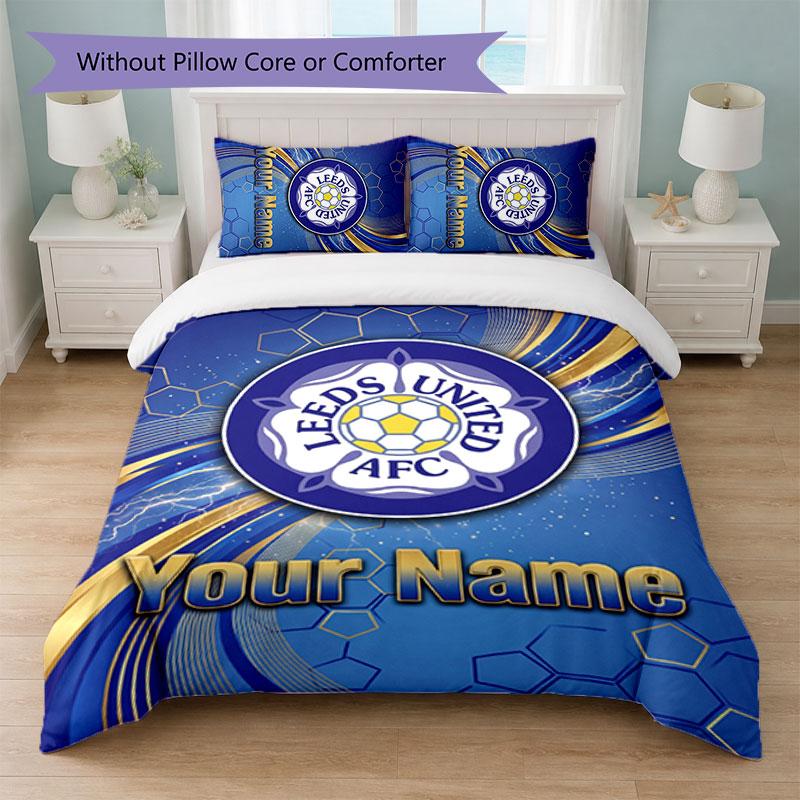 Conjunto de Roupa de Cama Leeds United com Nome Personalizado 1 Capa de Edredom + 2 Fronhas Logo de Futebol Presente Personalizado para Ocasião Especial Decoração de Quarto