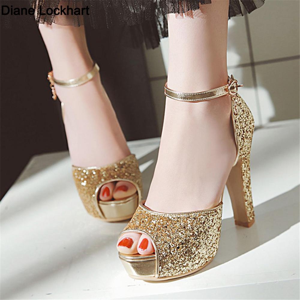 Fashion Summer New Peep Toe Shiny Sequins High Heels Women Platform Sandals Party Dress Wedding Pumps Ladies Shoes Gold Zapatos de Mujer