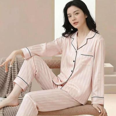 Lightweight Luxury Women's Ice Silk Pajama Set - Pink Striped, Long Sleeve & Pants, Spring/Autumn