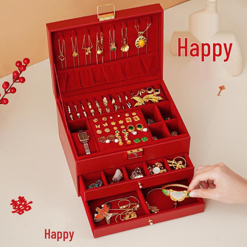 Multilayer Leather Wedding Jewelry Storage Box with Drawers for Necklaces and Rings