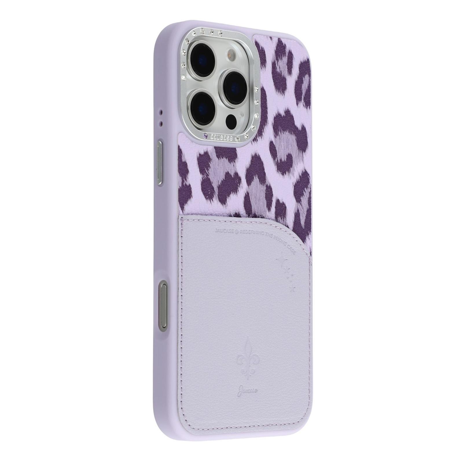 

JAUCASE For iPhone 16 Pro Max Magnetic Case Leopard Print Card Holder PU TPU PC Phone Back Cover Purple