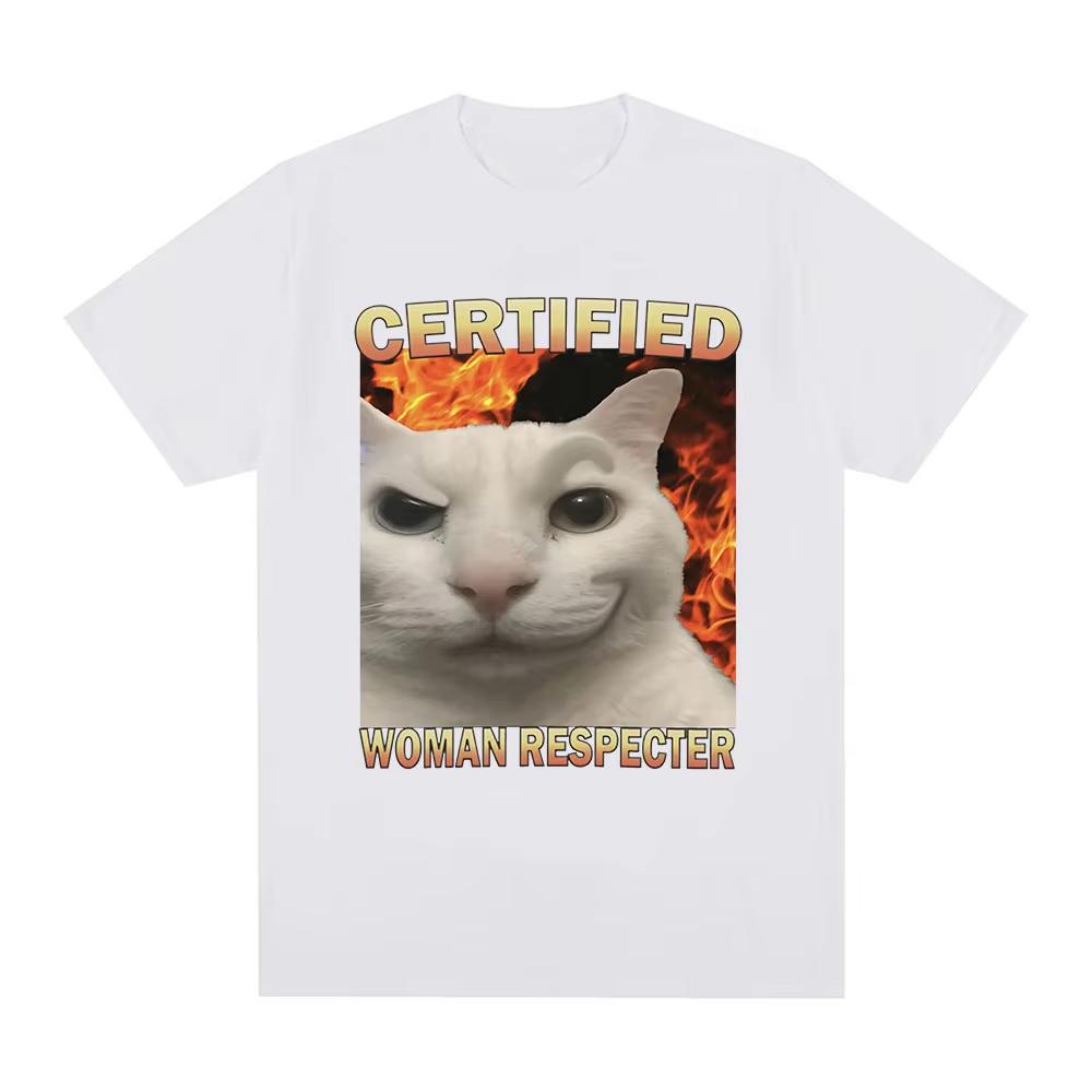 2026 SpringSummer Certified Feminine Respecter Funny Cat Emoticon Mens and Womens Fashion Retro TShirts