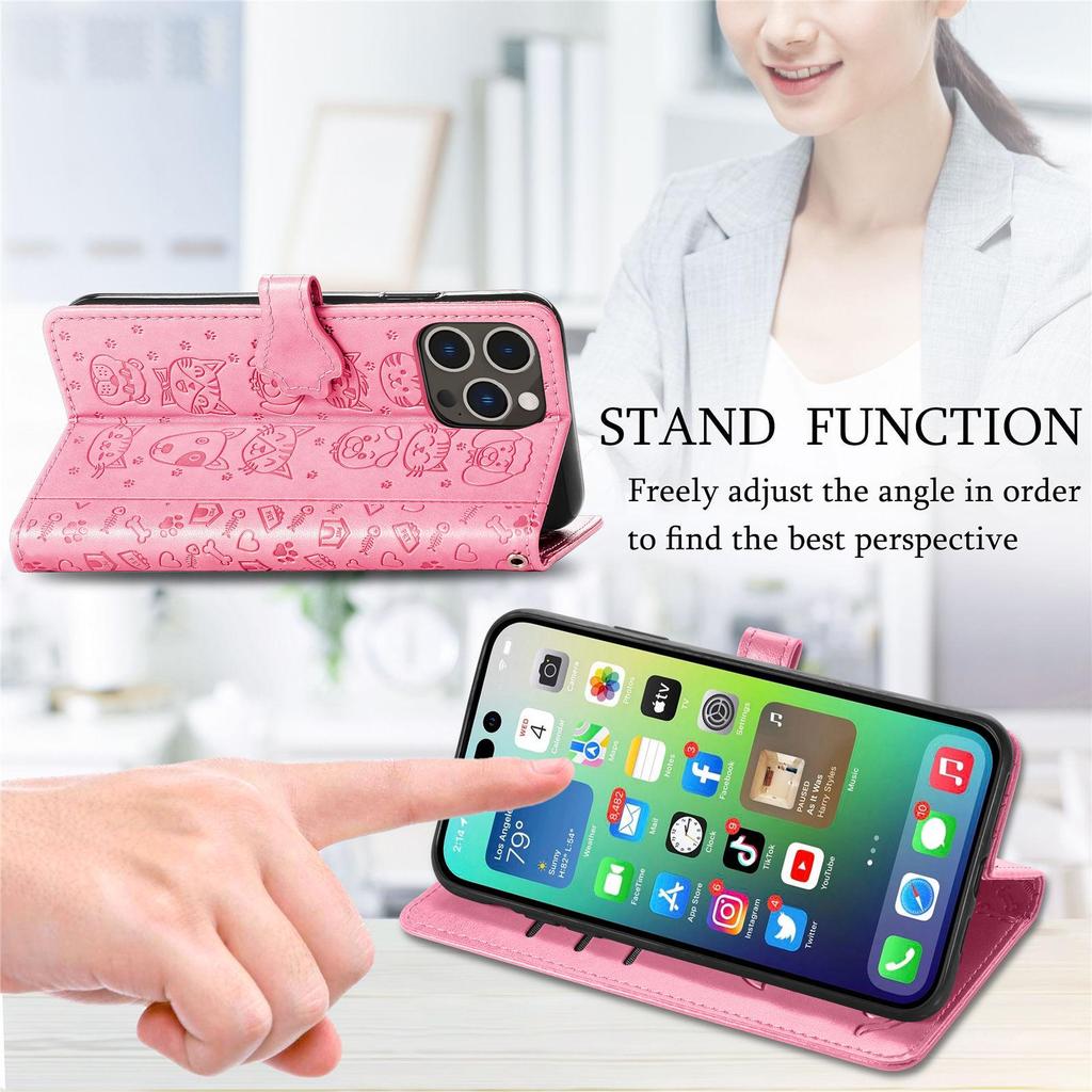 iPhone 16 Flip Leather Case - PU Embossed Cat Dog Design - Compatible with Apple 15