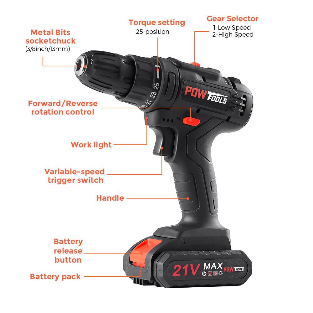 Electric Screwdrivers POWTOOLS - 21V - 1 Batteries Lithium + 28 Accessoires + Chargeur