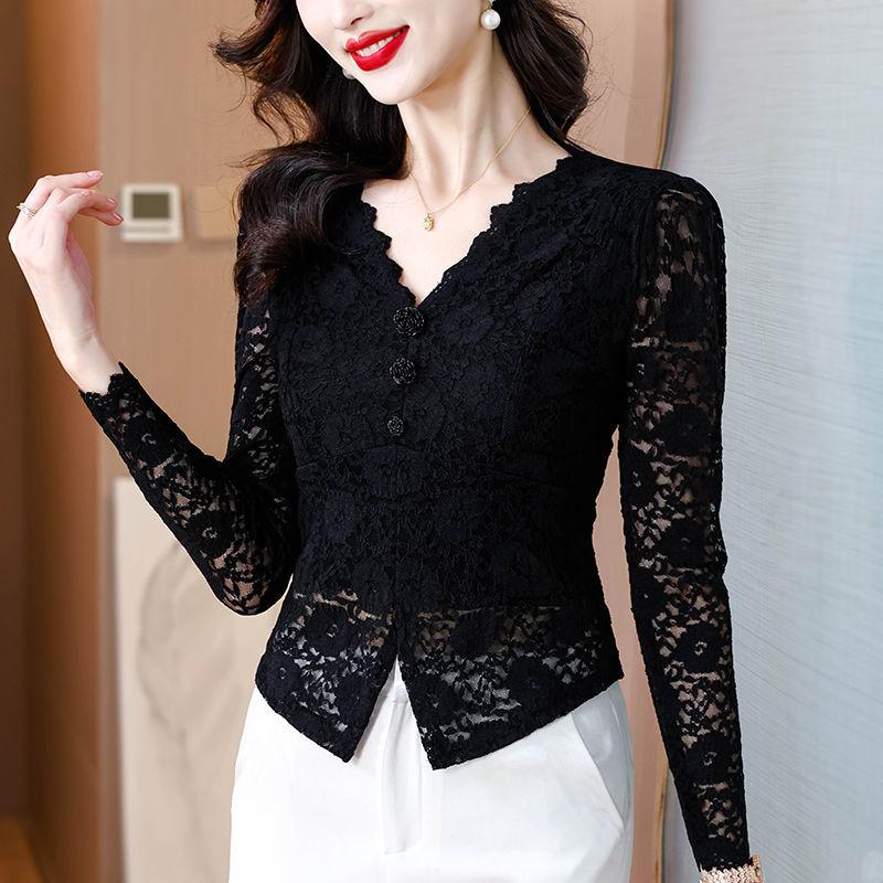 Temperament V-neck Short-sleeved Lace Shirt Fashionable Hollow Top for Women in Summer New Slim and Versatile Shirt