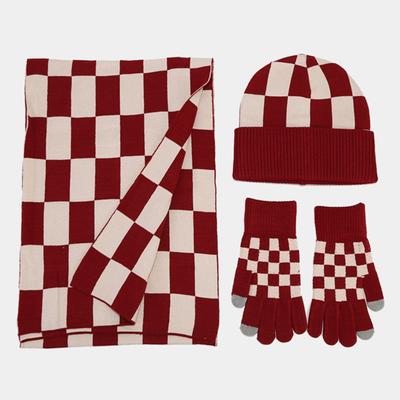 3 Pcs/Set Unisex Winter Beanie Scarf Gloves Set Thickened Warm Cap Check Print