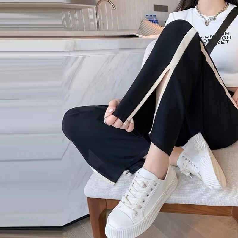 Sommer Damen Gerade Hosen Offene Weite Bein Hosen Sommer Chiffon Neun-Punkt Lose Eisseide Casual Gerade Hosen
