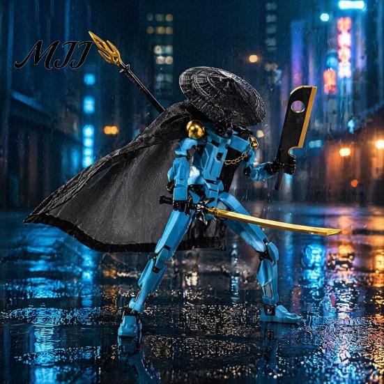 Swordsman Action Model Chinese Figure with Accessories, Multi-Joints Movable Bamboo Hat Cloak Man Figurine, Articulated Dummy Robot Toy Collectible