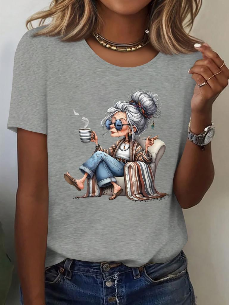 Elegant Granny Graphic Print Women's Summer Casual Short Sleeved T-Shirt Cute Playful Round Neck Tees Top Casual Woman Clothes