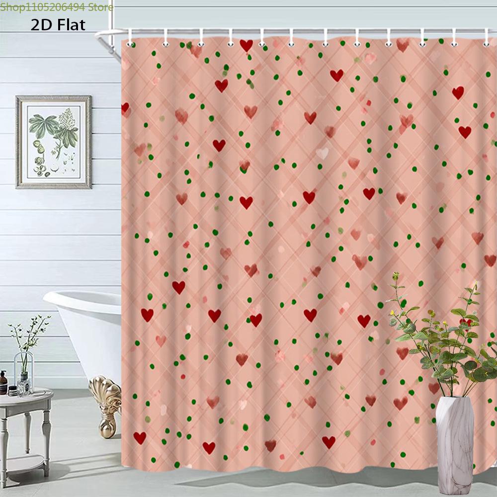 

1pc Valentine s Day Shower Curtain with Red Hearts & Green Dots - Romantic Bathroom Decor, Machine-Washable Bath Curtain with 90x180cm