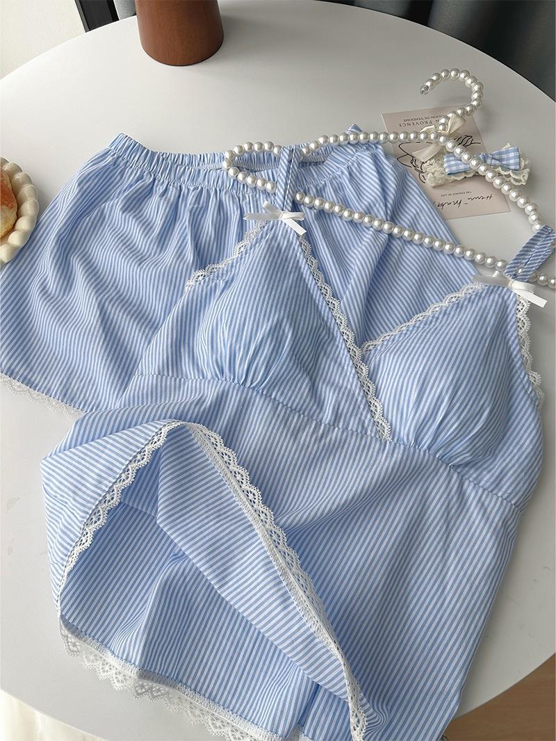 Suspender shorts with chest pad pajamas women s summer new cloud cotton high-end girl pink striped loungewear set M