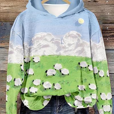 Sudadera con capucha de manga larga con estampado de ovejas, sudadera informal con capucha para invierno y otoño, ropa de mujer