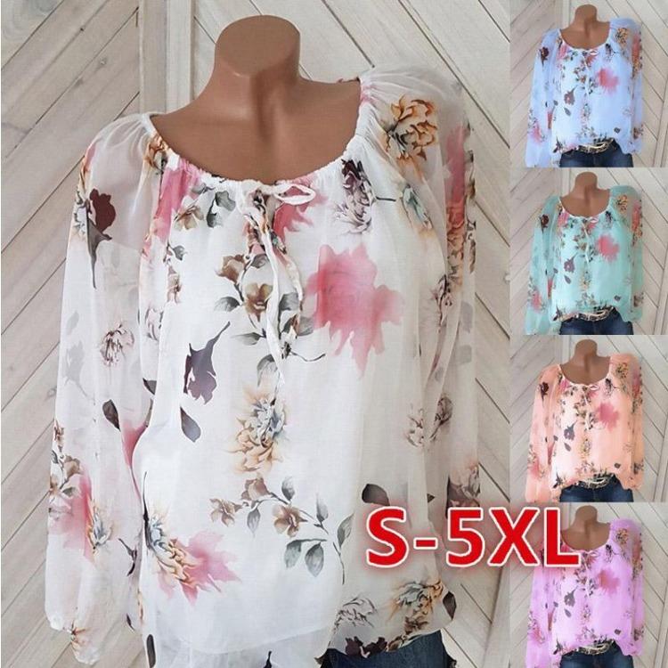 Women's Sexy All-Match Printed Chiffon Shirt Long Sleeve Loose Top Fashion