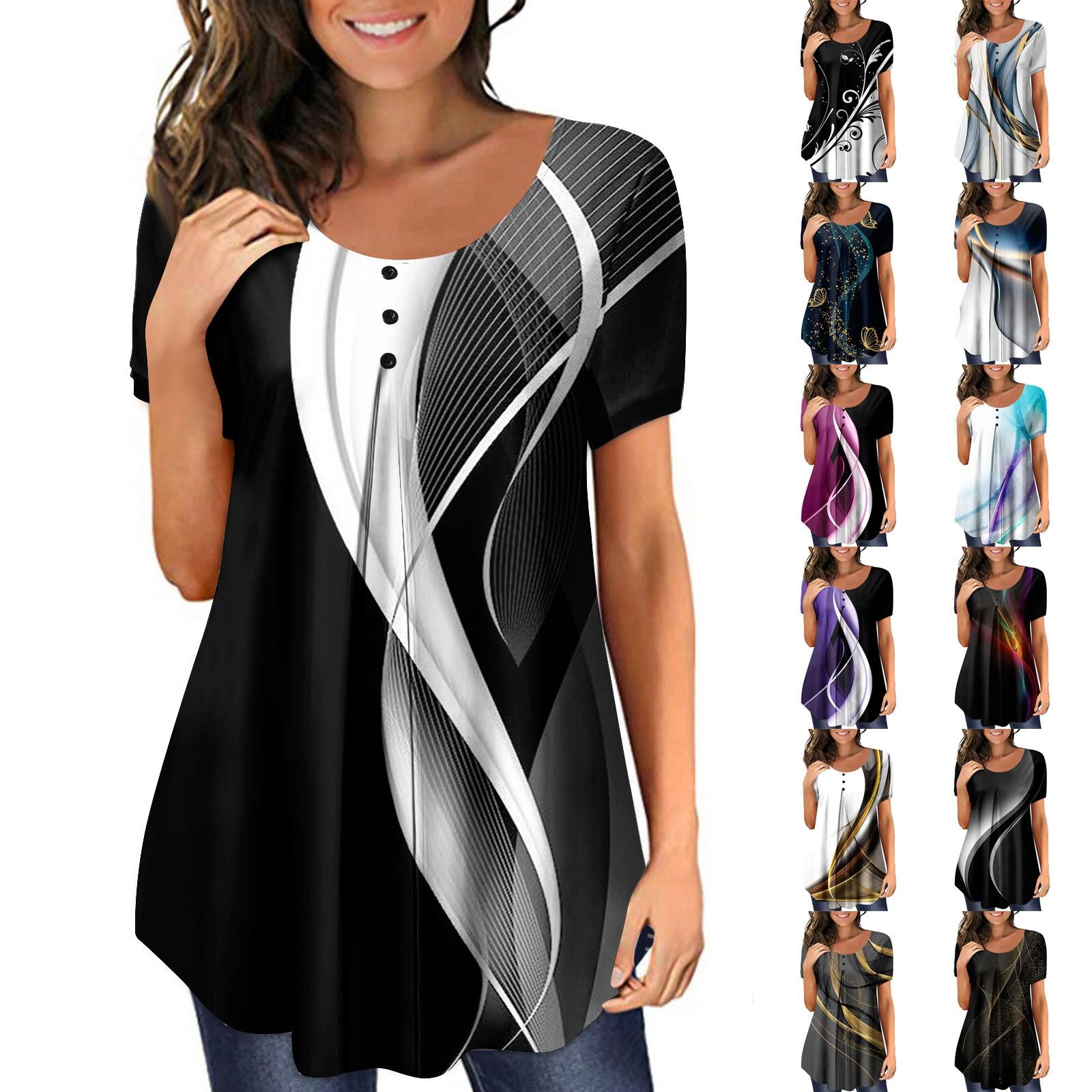 

Женская свободная футболка с круглым вырезом и короткими рукавами и пуговицами с принтом