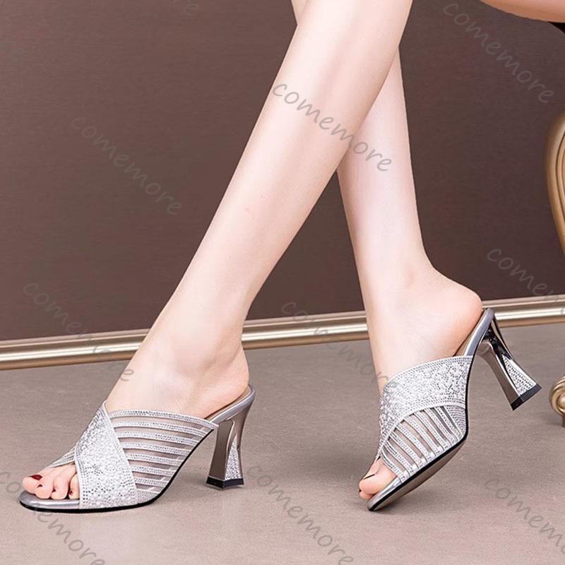Fashion Comemore Summer New Thick High Heel Slippers for Women Fashion Bling Diamond Women's Shoes Peep Toe Casual Heels Women Slides