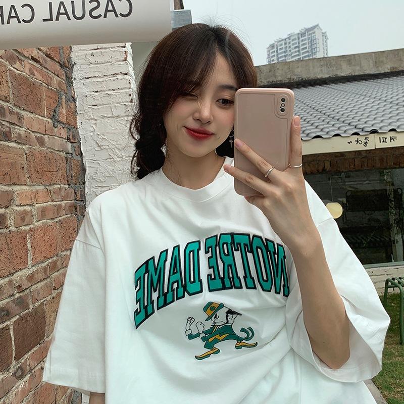 Pure cotton American retro T-shirt women's spring summer loose and versatile casual round neck top t-shirt trendy brand