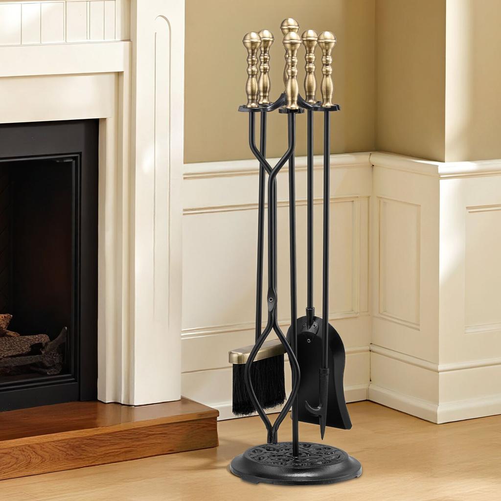 Fireplace Tool Set, 5 PCS Fire Tool Set and Holder with Five-Prong Stand, Tongs, Ash Shovel, Brush, Fire Place Poker, Wrought Iron Fireplace