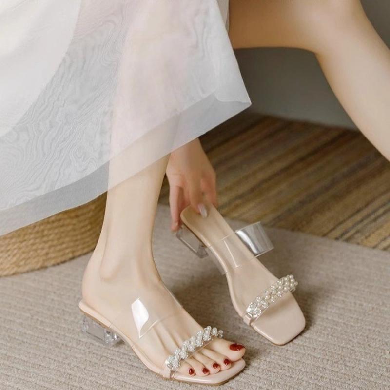 Fashion 2025 Transparent Square Heel Sandals for Women Rhinestone Flowers Thick Heeled Sandals Mujer Silver Square Toe Party Shoes Woman
