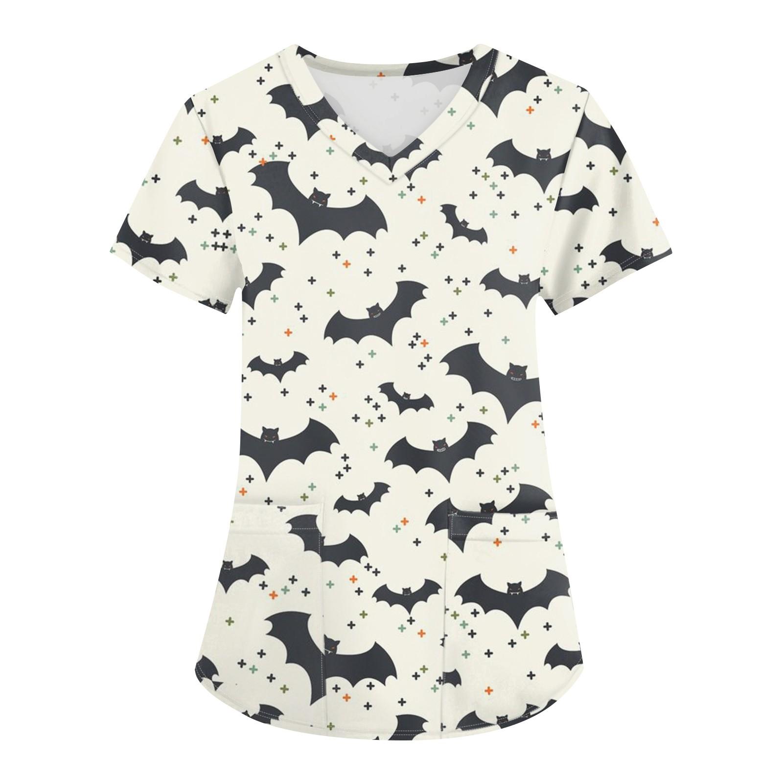 

Плюс размер Печатный скраб Рабочая форма Топы для женщин Крест V-образным вырезом Хэллоуин Принт с короткими рукавами Забавные футболки Спецодежда Футболка с карманами XXXXXL бежевый