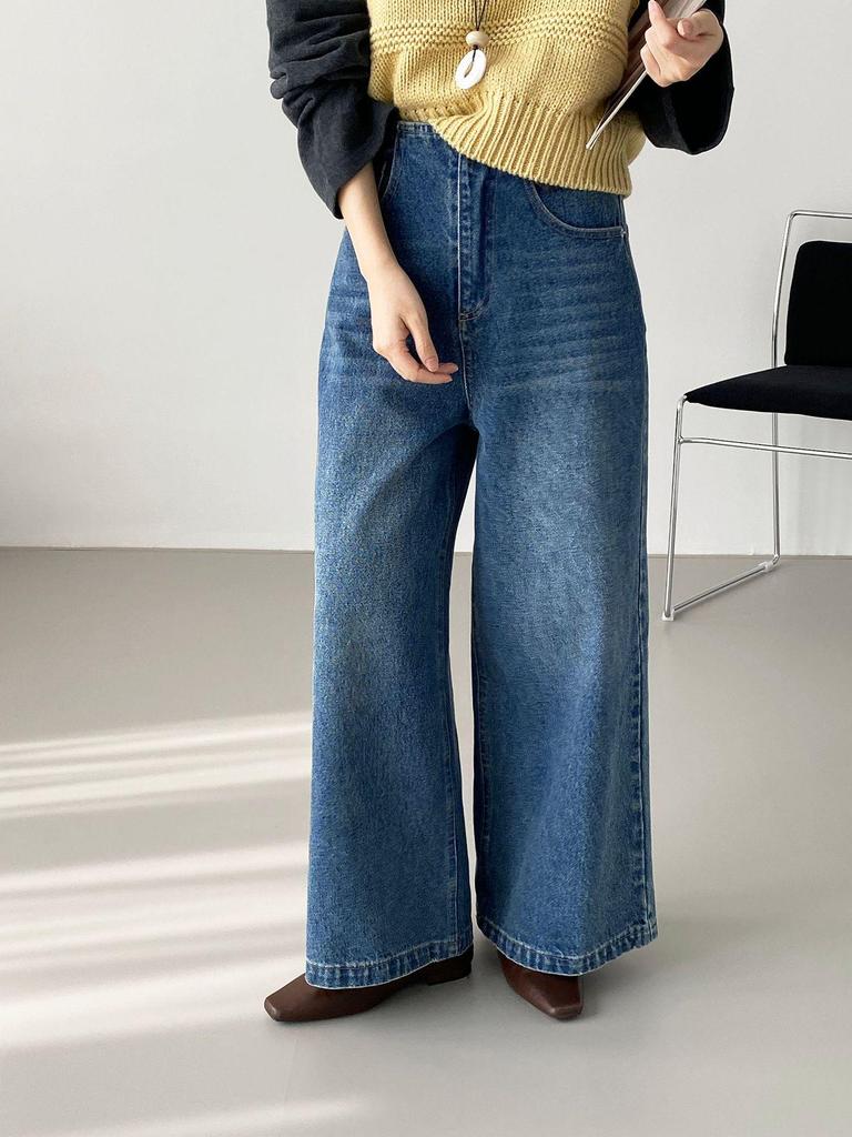 Women's Retro Washed Wide-Leg Denim Pants - Korean Style Straight-Leg Long Pants