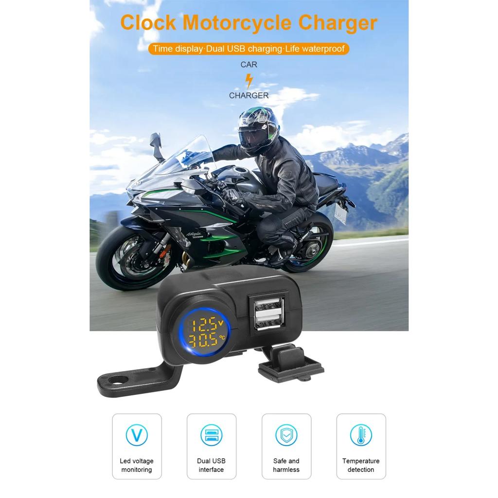 Nabíječka telefonu na motorku Digitální displej 36W QC3.0 Duální USB Rychlá nabíječka Adaptér voltmetru a teploměru pro mobilní telefon