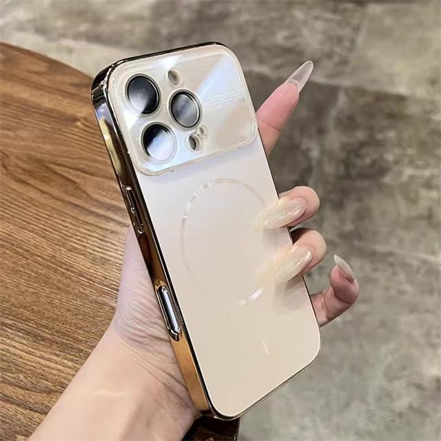 Fashion Plating Glass Lens Cover For Magsafe Magnetic phone case For iPhone 17 15 14 16 Pro Max Full Frame Wireless Charge Cover