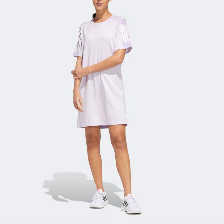 Adidas Long Tee with Alphabet Logo Print Sports Short Sleeve Dress Women Dress Light-Purple HF2478