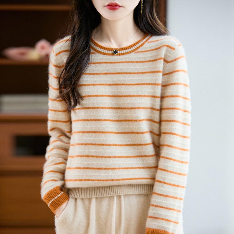 Women's French Retro Striped Wool Sweater - Slim Fit Autumn/Winter Knit Top