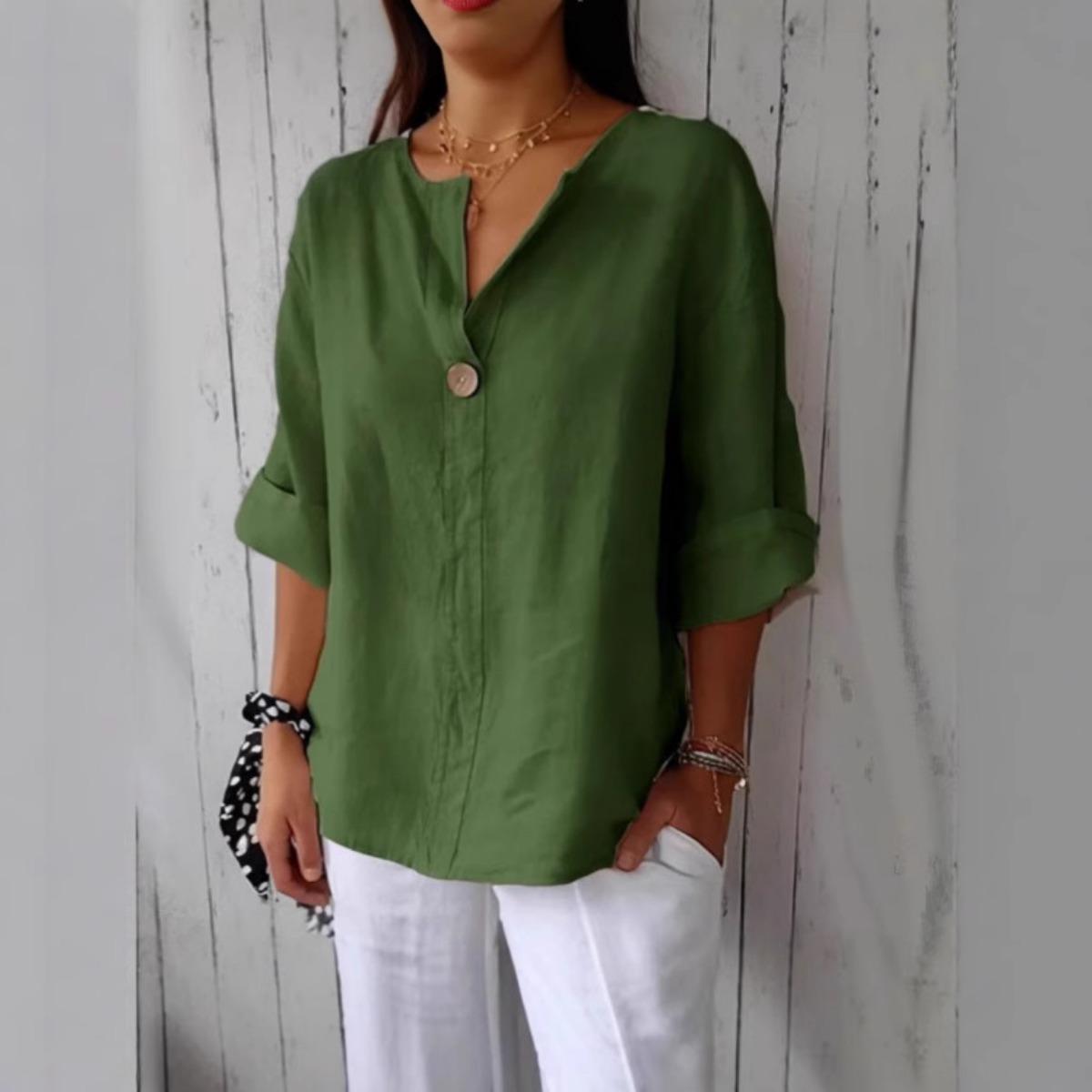 

Летняя новая свободная футболка женская с V-образным вырезом из хлопка и пеньки на пуговицах 5XL